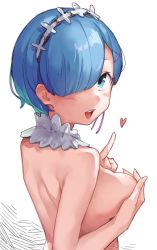 Rule 34 | 10s, 1girl, :d, bad id, bad twitter id, blue eyes, blue hair, blunt bangs, blush, breast hold, breasts, commentary request, detached collar, eyes visible through hair, fingernails, hair ornament, hair over one eye, hair ribbon, hairband, hands up, heart, highres, index finger raised, long fingernails, looking at viewer, maid, maid headdress, medium breasts, muchi maro, nude, open mouth, pink ribbon, purple ribbon, re:zero kara hajimeru isekai seikatsu, rem (re:zero), ribbon, short hair, simple background, smile, solo, teeth, upper body, upper teeth only, white background, x hair ornament