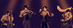Rule 34 | 4boys, abstract background, absurdres, amon (lord of the mysteries), arms up, azik eggers, conductor baton, belt, black bow, black bowtie, black eyes, black hair, black jacket, black neckerchief, black pants, black vest, bow, bowtie, brown eyes, cello, commentary request, earrings, green eyes, harp, highres, holding, holding instrument, holding violin, instrument, jacket, jewelry, klein moretti, leonard mitchell, long hair, lord of the mysteries, multiple boys, music, nail, neckerchief, pants, playing instrument, sample watermark, sfkatgo, shirt, short hair, sitting, smile, vest, violin, watermark, white jacket, white pants, white shirt, white vest, yellow eyes