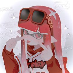 Rule 34 | 1girl, :p, blunt bangs, cheek poking, closed mouth, commentary request, eyebrows hidden by hair, eyewear on head, heart, highres, hood, hoodie, inkling, inkling girl, inkling player character, izumi 087, jacket, letterman jacket, long hair, multicolored clothes, multicolored jacket, nintendo, pointy ears, poking, red-framed eyewear, red eyes, red hair, red jacket, solo, sparkle, speech bubble, splatoon (series), spoken heart, sunglasses, tentacle hair, tongue, tongue out, two-tone jacket, upper body