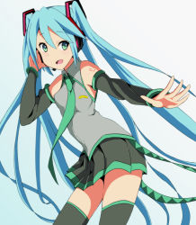 Rule 34 | 1girl, aqua hair, bad id, bad pixiv id, detached sleeves, green eyes, hatsune miku, headset, kaiman, long hair, necktie, open mouth, skirt, solo, thighhighs, twintails, very long hair, vocaloid