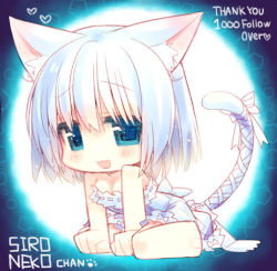 Rule 34 | 1girl, :d, animal ears, bare shoulders, blue background, blue eyes, blush, bow, breasts, cat ears, cat tail, chibi, cleavage, dress, eyebrows, full body, giuniu, gradient background, looking at viewer, lowres, open mouth, short hair, simple background, small breasts, smile, solo, strapless, strapless dress, tail, tail bow, tail ornament, tareme, white bow, white hair