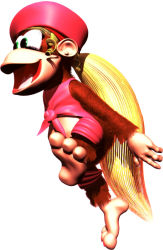 Rule 34 | 1girl, ape, barefoot, blonde hair, bottomless, dixie kong, donkey kong (series), feet, green eyes, happy, hat, long hair, nintendo, official art, ponytail, simple background, soles, solo, toes