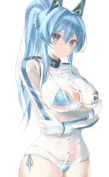Rule 34 | 1girl, arms under breasts, bikini, bikini under clothes, blue bikini, blue eyes, blue hair, blush, braid, breasts, closed mouth, frown, gloves, goddess of victory: nikke, hair intakes, headgear, helm (aqua marine) (nikke), helm (nikke), large breasts, long hair, official alternate costume, ponytail, rapun, see-through, see-through shirt, shirt, side-tie bikini bottom, simple background, solo, swimsuit, wet, wet clothes, wet shirt, white background, white gloves, white shirt
