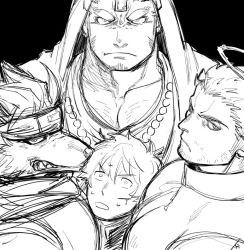 Rule 34 | 4boys, bara, bead necklace, beads, boy sandwich, character request, chest hair, cross scar, facial hair, frown, furry, furry male, greyscale, halo, harada (basashi), hood, hood up, hooded jacket, houzouin oniwaka, jacket, jewelry, large pectorals, long sideburns, male focus, protagonist 4 (housamo), mature male, monochrome, multiple boys, muscular, muscular male, necklace, ninja, pectoral cleavage, pectorals, sandwiched, scar, scar on face, scar on forehead, short hair, sideburns, size difference, sketch, stubble, tadatomo (housamo), thick eyebrows, tokyo houkago summoners, wolf boy, zabaniyya (housamo)