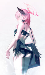 Rule 34 | 1girl, absurdres, ass, bikini, black bag, black bow, black pantyhose, black wings, blue archive, blush, bow, breasts, chinese commentary, closed mouth, commentary request, embarrassed, feathered wings, feet out of frame, floral print, from behind, hair bow, halo, head wings, highres, koharu (blue archive), koharu (swimsuit) (blue archive), looking at viewer, looking back, low twintails, low wings, official alternate costume, pantyhose, pink eyes, pink hair, pink halo, print bikini, ressec, simple background, small breasts, solo, swimsuit, thighs, twintails, white background, wings