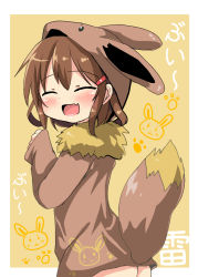 Rule 34 | 1girl, :d, animal costume, blush, brown hair, closed eyes, commentary request, cosplay, creatures (company), eevee, eevee costume, eevee ears, eevee tail, fang, game freak, gen 1 pokemon, hair ornament, hairclip, highres, ikazuchi (kancolle), kantai collection, nintendo, open mouth, oshiruko (uminekotei), poke kid (pokemon) (cosplay), pokemon, pokemon (creature), pokemon tail, short hair, skin fang, smile, solo, tail