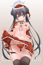 Rule 34 | 1girl, bell, bikini, black choker, black hair, black thighhighs, blue archive, braid, braided bun, breasts, breasts apart, capelet, choker, christmas, closed mouth, clothes lift, commentary request, double bun, from below, front-tie bikini top, front-tie top, fur-trimmed capelet, fur-trimmed skirt, fur trim, grey eyes, grey halo, hair bun, halo, highres, kisaki (blue archive), long hair, looking at viewer, navel, neck bell, red bikini, red capelet, red skirt, skirt, skirt lift, small breasts, solo, swimsuit, thighhighs, tomosuke, twintails