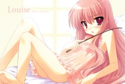 Rule 34 | 00s, 1girl, bad id, bad pixiv id, barefoot, bed, blush, camisole, emily (pure dream), flat chest, lingerie, long hair, louise francoise le blanc de la valliere, lying, media factory, pink eyes, pink hair, riding crop, solo, underwear, wand, zero no tsukaima
