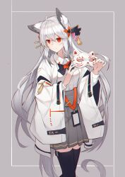 Rule 34 | 1girl, absurdres, ahoge, animal ears, azumi (8809464), black bow, black bowtie, black thighhighs, bow, bowtie, chromatic aberration, closed mouth, collared shirt, fox ears, fox girl, fox mask, fox tail, gradient hair, grey background, grey hair, grey skirt, hair between eyes, hair ornament, highres, holding, holding mask, jacket, long hair, long sleeves, looking at viewer, mask, multicolored hair, open clothes, open jacket, original, pleated skirt, red eyes, shirt, skirt, smile, solo, standing, tail, thighhighs, two-tone hair, unworn mask, very long hair, white hair, white jacket, white shirt, wide sleeves, zettai ryouiki