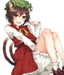 Rule 34 | 1girl, :d, animal ears, bloomers, brown eyes, brown hair, cat ears, cat tail, chen, earrings, fangs, hat, jewelry, loafers, long sleeves, looking at viewer, md5 mismatch, mob cap, multiple tails, open mouth, resized, resolution mismatch, rinarisa, shirt, shoes, short hair, simple background, single earring, sitting, skirt, skirt set, smile, socks, solo, source larger, tail, touhou, underwear, vest, white background, white socks