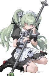 Rule 34 | 1girl, absurdres, apron, black dress, black footwear, black ribbon, boots, closed mouth, corin wickes, cross-laced footwear, dress, frills, green hair, hair between eyes, hair ornament, hair ribbon, highres, holding, knee boots, lace-up boots, long hair, looking at viewer, maid, maid apron, maid headdress, pink eyes, puffy short sleeves, puffy sleeves, ribbon, short sleeves, simple background, sitting, solo, twintails, twitter username, very long hair, white apron, white background, yukiri (l ii), zenless zone zero