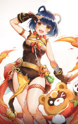 Rule 34 | 1girl, absurdres, armband, bandaid, bandaid on knee, bandaid on leg, bare shoulders, black gloves, blue hair, braid, braided hair rings, breasts, chili pepper, chimes, chinese clothes, commentary, dark blue hair, fingerless gloves, fire, genshin impact, gloves, guoba (genshin impact), hair rings, highres, holding, holding polearm, holding weapon, luzzi (milllim), medium breasts, open mouth, polearm, pyro (genshin impact), red panda, rope, short hair, short shorts, shorts, smile, thigh strap, thighs, vision (genshin impact), weapon, xiangling (genshin impact), yellow eyes