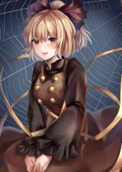Rule 34 | 1girl, absurdres, black shirt, blonde hair, blue background, blush, breasts, brown dress, brown eyes, commentary, dress, frilled sleeves, frills, hair ribbon, hands on lap, highres, koizumo, kurodani yamame, long sleeves, looking at viewer, medium breasts, open mouth, pinafore dress, ponytail, puffy dress, ribbon, shirt, silk, sitting, sleeveless dress, solo, spider web, teeth, touhou, upper teeth only, wide sleeves