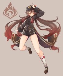 Rule 34 | 1girl, arm up, black footwear, black hat, black nails, black shirt, black shorts, brown background, brown hair, chinese clothes, flower, full body, genshin impact, gradient hair, grin, hat, hat flower, highres, hu tao (genshin impact), jewelry, kneehighs, long hair, long sleeves, looking at viewer, multicolored hair, multiple rings, nail polish, plum blossoms, red eyes, rikotch07, ring, shirt, shoes, short shorts, shorts, simple background, smile, socks, solo, star-shaped pupils, star (symbol), symbol-shaped pupils, thighs, twintails, very long hair, vision (genshin impact), waist cape, white socks