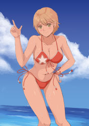Rule 34 | 1girl, alice garnet nakata, bikini, blonde hair, blue sky, blush, breasts, cleavage, cloud, collarbone, day, front-tie bikini top, front-tie top, green eyes, hand on own hip, index finger raised, large breasts, looking at viewer, navel, outdoors, popo agaga, red bikini, red ribbon, ribbon, short hair, side-tie bikini bottom, sky, smile, solo, standing, swimsuit, the king of fighters, wet