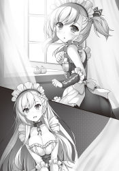 Rule 34 | 2girls, azur lane, belfast (azur lane), bird, breast hold, breasts, chick, cleavage, collarbone, flat chest, greyscale, highres, indoors, large breasts, little bel (azur lane), long hair, looking at another, maid, maid headdress, manjuu (azur lane), monochrome, multiple girls, parted lips, raiou, short hair, short ponytail, side ponytail, very long hair