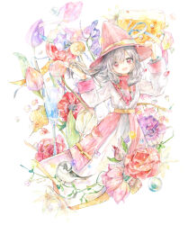 Rule 34 | 1girl, :d, absurdres, bird, black hair, dress, flower, hat, highres, kazuka, long hair, long sleeves, looking at viewer, open mouth, original, painting (medium), petals, red eyes, red hat, smile, solo, traditional media, watercolor (medium), white background, white dress, witch hat