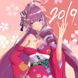 Rule 34 | 1girl, 2019, bare shoulders, breasts, cleavage, don (rg06268), hand on own hip, happy new year, impossible clothes, japanese clothes, kimono, looking at viewer, macross, macross delta, medium breasts, mikumo guynemer, new year, purple hair, red eyes, solo, walkure (macross delta)