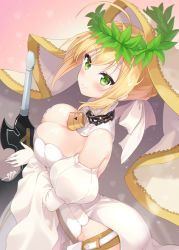Rule 34 | 10s, 1girl, aestus estus, ahoge, arched back, ass, bare shoulders, belt, blush, bouncing breasts, braid, breasts, bridal veil, chain, cleavage, detached sleeves, fate/extra, fate/extra ccc, fate (series), from side, gloves, green eyes, hair intakes, hair ribbon, head wreath, large breasts, leotard, lock, long sleeves, moorina, nero claudius (bride) (fate), nero claudius (bride) (third ascension) (fate), nero claudius (fate), nero claudius (fate) (all), no bra, padlock, puffy long sleeves, puffy sleeves, ribbon, solo, strapless, strapless leotard, veil, white gloves, white leotard, white ribbon, wreath