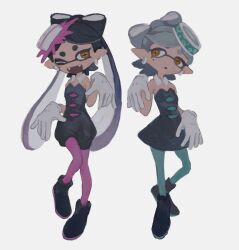 Rule 34 | 2girls, black dress, black footwear, black hair, black jumpsuit, boots, callie (splatoon), detached collar, dr mice, dress, ear piercing, fangs, food, food on face, gloves, green pantyhose, grey background, grey hair, highres, inkling, jewelry, jumpsuit, long hair, marie (splatoon), mole, mole under eye, multicolored hair, multiple girls, nintendo, object on head, open mouth, pantyhose, parted lips, piercing, pink pantyhose, pointy ears, short hair, simple background, sleeveless, sleeveless dress, splatoon (series), tentacle hair, twintails, white gloves