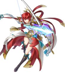 Rule 34 | 1girl, alternate costume, arm guards, armor, arrow (projectile), boots, bow (weapon), cape, circlet, closed mouth, energy arrow, female focus, fire emblem, fire emblem fates, fire emblem heroes, fujin yumi (fire emblem), full body, gloves, gold trim, highres, hinoka (fire emblem), holding, holding bow (weapon), holding weapon, japanese clothes, jewelry, katana, kita senri, knee boots, leg up, long sleeves, matching hair/eyes, nintendo, non-web source, official alternate costume, official art, pelvic curtain, raijinto (fire emblem), red eyes, red hair, sheath, sheathed, short hair, solo, sword, thighs, transparent background, weapon