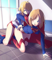 Rule 34 | 2girls, absurdres, ahoge, all fours, blonde hair, blue eyes, boots, cape, chibiibiru, dc comics, highres, indoors, knee boots, leotard, multiple girls, one eye closed, open mouth, power girl, short hair, smile, supergirl, tickling, tickling sides