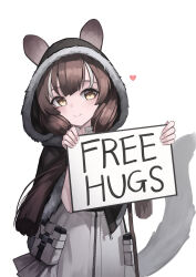Rule 34 | 1girl, absurdres, animal ears, arknights, black capelet, blush, brown hair, capelet, cowboy shot, dress, ears through headwear, free hugs, fur-trimmed capelet, fur-trimmed hood, fur trim, grey hair, hands up, heart, highres, holding, holding sign, honeyberry (arknights), hood, hooded capelet, kimsuwan2013, long hair, looking at viewer, multicolored hair, sign, simple background, smile, solo, streaked hair, tail, white background, white dress
