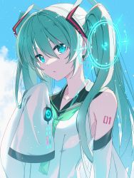 Rule 34 | 1girl, adapted costume, arm tattoo, black sailor collar, blue eyes, blue hair, blue neckerchief, closed mouth, collarbone, denken, detached sleeves, hair between eyes, hair ornament, hatsune miku, highres, long hair, long sleeves, neckerchief, number tattoo, sailor collar, shirt, sleeveless, sleeveless shirt, sleeves past wrists, solo, tattoo, twintails, upper body, very long hair, vocaloid, white shirt, white sleeves