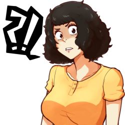 Rule 34 | !?, 1girl, breasts, brown hair, buttons, chief (91m10), collarbone, kawakami sadayo, large breasts, looking at viewer, persona, persona 5, shirt, short hair, simple background, solo, spoken interrobang, surprised, upper body, white background, yellow shirt