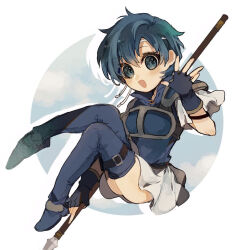 1girl armor blue_armor blue_eyes blue_hair breastplate fingerless_gloves fire_emblem fire_emblem:_the_binding_blade gloves holding holding_polearm holding_weapon lance looking_at_viewer nintendo open_mouth polearm shanna_(fire_emblem) short_hair shoulder_armor smile suke_(mo8460) weapon