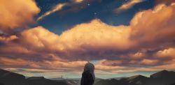Rule 34 | 1girl, blue scarf, brown coat, closed mouth, cloud, cloudy sky, coat, expressionless, from side, highres, long hair, looking away, monosenbei, original, outdoors, scarf, scenery, sky, solo, sunset, white hair