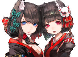 Rule 34 | 2girls, animal ear fluff, animal ears, azur lane, bell, black hair, black kimono, blue eyes, blunt bangs, breasts, butterfly hair ornament, cat ears, cat mask, cleavage, fang, fox mask, fusou (azur lane), hair ornament, japanese clothes, jingle bell, kimono, looking at viewer, mask, mask on head, medium breasts, multiple girls, nyucha, open mouth, red eyes, sideboob, smile, tail, tail bell, tail ornament, upper body, yamashiro (azur lane)