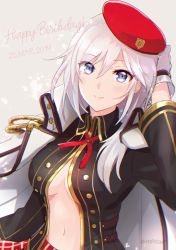 Rule 34 | 1girl, aiguillette, alisa ilinichina amiella, arm behind head, arm up, beret, black jacket, blue eyes, blush, breasts, closed mouth, coat, coat on shoulders, collared jacket, commentary request, cowboy shot, dated, gloves, god eater, god eater 3, grey background, hair between eyes, happy birthday, hat, jacket, large breasts, long hair, long sleeves, looking at viewer, navel, neck ribbon, partially unbuttoned, plaid, plaid skirt, red hat, red ribbon, red skirt, ribbon, sidelocks, silver hair, simple background, skirt, smile, solo, stomach, torayama (mps2nd), twitter username, underboob, white coat, white gloves