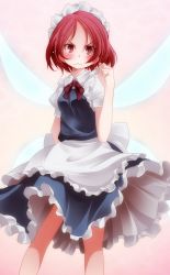 Rule 34 | &gt;:&lt;, 1girl, :&lt;, apron, bad id, bad pixiv id, blush, clenched hand, closed mouth, fairy maid (touhou), fairy wings, female focus, highres, maid, maid headdress, red eyes, red hair, short hair, solo, touhou, tsukishiro saika, v-shaped eyebrows, waist apron, wings