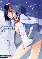 Rule 34 | blue hair, bob cut, bottomless, breasts, brown eyes, cover, cover page, darling in the franxx, hands in pockets, hood, hood up, hoodie, ichigo (darling in the franxx), leaning forward, nagare hyougo, naked hoodie, no bra, no shirt, open clothes, open mouth, open shirt, short hair, small breasts, solo, underboob