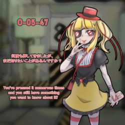 Rule 34 | 1girl, bag, bandaged arm, bandaged wrist, bandages, blonde hair, blunt bangs, blush, bow, bowtie, cellphone, collared shirt, cracked screen, don&#039;t touch me, earrings, english text, eyepatch, frilled shirt, frills, hand on own face, hand up, hat, high collar, holding, holding phone, huyusaki taiga, jewelry, lipstick, lobotomy corporation, long hair, makeup, mini hat, mini top hat, multicolored hair, nail polish, no symbol, personification, phone, project moon, red hair, shirt, shirt tucked in, short sleeves, shoulder bag, smartphone, smile, solo, streaked hair, striped clothes, striped thighhighs, symbol-shaped pupils, thick eyebrows, thighhighs, top hat, twintails, two-tone hair, v-shaped eyebrows, w, waist bow
