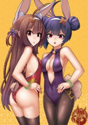 Rule 34 | 2girls, :o, ahoge, animal ear fluff, animal ears, ass, azur lane, backless leotard, backless outfit, bangle, bare shoulders, blush, bracelet, braid, breasts, brown flower, brown hair, brown legwear, cleavage, commentary, covered navel, double bun, fake animal ears, fang, fingernails, flower, hair between eyes, hair bun, hair flower, hair ornament, hairband, highres, jewelry, kemonomimi mode, kuronekozero, leotard, long hair, looking at viewer, medium breasts, multiple girls, ning hai (azur lane), ning hai (moon palace rabbit) (azur lane), open mouth, pantyhose, parted lips, ping hai (azur lane), ping hai (osmanthus moon rabbit) (azur lane), playboy bunny, purple hair, purple leotard, rabbit ears, rabbit girl, rabbit tail, red eyes, red leotard, side bun, single braid, single side bun, small breasts, tail, thighhighs, very long hair, white hairband