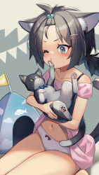 1girl animal animal_ear_fluff animal_ears black_hair bow bow_panties cat cat_ears cat_tail collarbone dress green_eyes hair_bobbles hair_ornament highres holding holding_animal holding_cat mitake_eil navel original panties pawpads pink_dress ponytail pursed_lips short_sleeves solo tail tent underwear white_panties