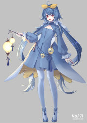 Rule 34 | 1girl, ahoge, arm at side, blue dress, blue footwear, blue hair, blue pantyhose, blue ribbon, cleavage cutout, clothing cutout, collarbone, creatures (company), dress, female focus, flat chest, frilled sleeves, frills, full body, game freak, gen 2 pokemon, gen 4 pokemon, grey background, hair flaps, hair ribbon, hairband, hand up, happy, highres, holding, holding lantern, lantern, lanturn, long hair, long sleeves, looking at viewer, merlusa, nintendo, open mouth, pantyhose, personification, pokemon, puffy long sleeves, puffy sleeves, red eyes, ribbon, shoes, short dress, sidelocks, simple background, smile, solo, standing, tassel, twintails, two-sided fabric, very long hair, yellow hairband