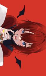 Rule 34 | 1girl, ange katrina, ange katrina (1st costume), bandaid, bandaid on hand, black nails, black wings, blue eyes, detached wings, hair intakes, haruwo, highres, nijisanji, open mouth, red background, red hair, short hair, sideways, simple background, solo, vampire (vocaloid), virtual youtuber, wings