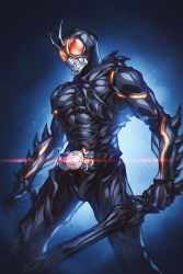 Rule 34 | 1boy, absurdres, antennae, armor, claws, commentary, dark background, english commentary, glowing, highres, holding, holding sword, holding weapon, kamen rider, kamen rider black, kamen rider black (series), kamen rider black sun, kamen rider black sun (character), kingstone, monster, no humans, onion maru, red eyes, rider belt, solo, spikes, standing, sword, upper body, weapon