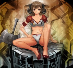 Rule 34 | 1girl, axe, bad id, bad pixiv id, battle axe, bow, bow panties, bra, breasts, brown hair, cleavage, collarbone, crop top, hand on own hip, hip focus, horns, lingerie, looking at viewer, navel, open mouth, original, panties, scar, shijima (tanfn), short hair, sitting, sitting on object, solo, spread legs, underwear, underwear only, weapon, white panties