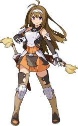 Rule 34 | 1girl, antenna hair, armor, artist request, bare shoulders, belt, black gloves, boots, breastplate, breasts, brown footwear, brown hair, closed mouth, dress, elbow gloves, faulds, female focus, full body, gloves, grey hairband, hair intakes, hairband, halter dress, halterneck, hand up, happy, highres, holding, holding sword, holding weapon, knee pads, legs apart, long hair, looking at viewer, non-web source, official art, orange dress, pleated dress, purple eyes, sheath, sheathed, sidelocks, simple background, sleeveless, sleeveless dress, small breasts, smile, solo, standing, sword, thigh boots, thighhighs, transparent background, v-shaped eyebrows, weapon, world flipper, yuna (world flipper), zettai ryouiki