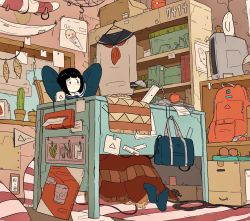 Rule 34 | 1girl, apple, arms behind head, backpack, bag, beetle, black eyes, black hair, blue legwear, blue shirt, blunt bangs, blush stickers, book, bread, bug, cactus, clothes hanger, commentary request, cup, daisukerichard, desk, flat color, food, fruit, highres, indoors, insect, lamp, long sleeves, mug, neckerchief, no shoes, on chair, original, paper stack, plant, poster (object), potted plant, sailor collar, sailor shirt, shelf, shirt, short hair, sitting, solo, television, terrarium, tissue box, white shirt