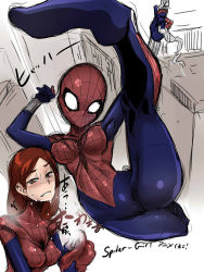 Rule 34 | 1girl, animification, bodysuit, breasts, long hair, marvel, mask, unworn mask, may parker, red hair, shindol, skin tight, solo, spider-girl, spider-man, spider-man (series), superhero costume, sweat, translation request, yellow eyes