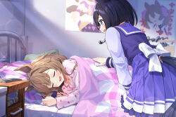 Rule 34 | 2girls, animal ears, bed, bedroom, black hair, blanket, blue eyes, blush, bow, brown hair, closed eyes, clothing cutout, commentary request, drooling, eishin flash (umamusume), hamanashi (trapiorra), highres, horse ears, horse girl, horse tail, indoors, leaning forward, lens flare, long sleeves, lying, medium hair, multiple girls, nightstand, on side, open mouth, pajamas, pillow, pink shirt, pleated skirt, poster (object), purple shirt, purple skirt, sailor collar, school uniform, shirt, short hair, sideways mouth, skirt, sleeping, smart falcon (umamusume), smile, sparkle, standing, tail, tail through clothes, tracen school uniform, umamusume, under covers, waking another, white bow