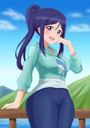 Rule 34 | 1girl, aqua jacket, artist name, artist request, blue hair, blue pants, blue sky, blush, breasts, cloud, cropped jacket, day, dolphin print, female focus, green jacket, hair between eyes, high ponytail, highres, jacket, long hair, long sleeves, looking at viewer, love live!, love live! school idol festival, love live! sunshine!!, matsuura kanan, mountain, nail, nail polish, ocean, outdoors, pants, parted lips, pink nails, pink nails, ponytail, purple eyes, shirt, shirt under jacket, sky, small breasts, smile, solo, thighhighs, white shirt, zipper, zipper pull tab