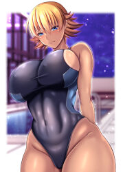 Rule 34 | 1girl, absurdres, arms behind back, bare legs, bare shoulders, breasts, cameltoe, curvy, highleg, highleg swimsuit, highres, igawa sakura, kanna (minamozuki), large breasts, looking at viewer, night, night sky, one-piece tan, shiny clothes, shiny skin, short hair, sky, smile, solo, swimsuit, taimanin (series), taimanin asagi, tan, tanline, wide hips