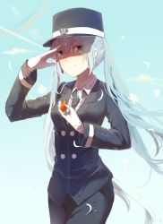 Rule 34 | 1girl, bad id, bad pixiv id, gloves, hat, hatsune miku, long hair, necktie, salute, smile, solo, twintails, very long hair, vocaloid, whistle, xuehua