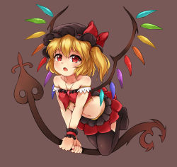 Rule 34 | 1girl, alternate costume, bare shoulders, between breasts, black hat, black thighhighs, blonde hair, breasts, brown background, fang, flandre scarlet, full body, hat, hat ribbon, highres, holding, holding weapon, jewelry, laevatein, looking at viewer, miniskirt, mob cap, navel, necklace, pleated skirt, red eyes, red ribbon, red skirt, ribbon, simple background, skirt, small breasts, solo, stomach, thighhighs, touhou, weapon, wings, wrist cuffs, yangshangshu